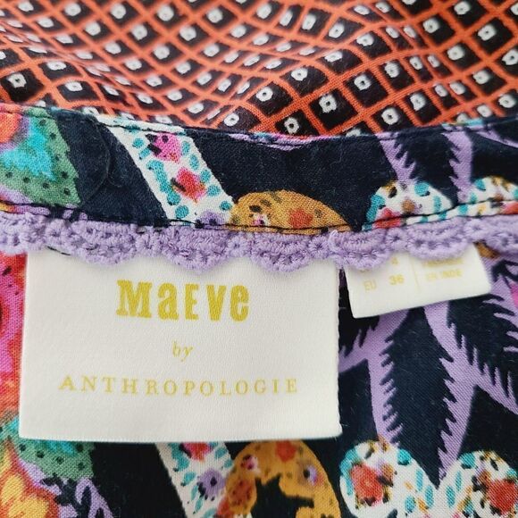 Maeve‎ Anthropologie Blouse 4 Black Multi Floral Tie Button Front V-Neck Top - Picture 5 of 8